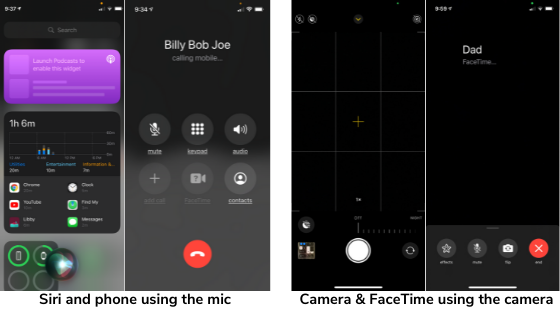 Four examples of the green and orange dots on an iPhone showing when apps are using your mic or camera